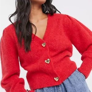 & other stories red puff sleeve cardigan with gold heart buttons